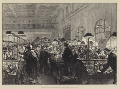 Schetsen bij het Hoofdpostkantoor, stempelen en sorteren van brieven door Sir John Charles Robinson
